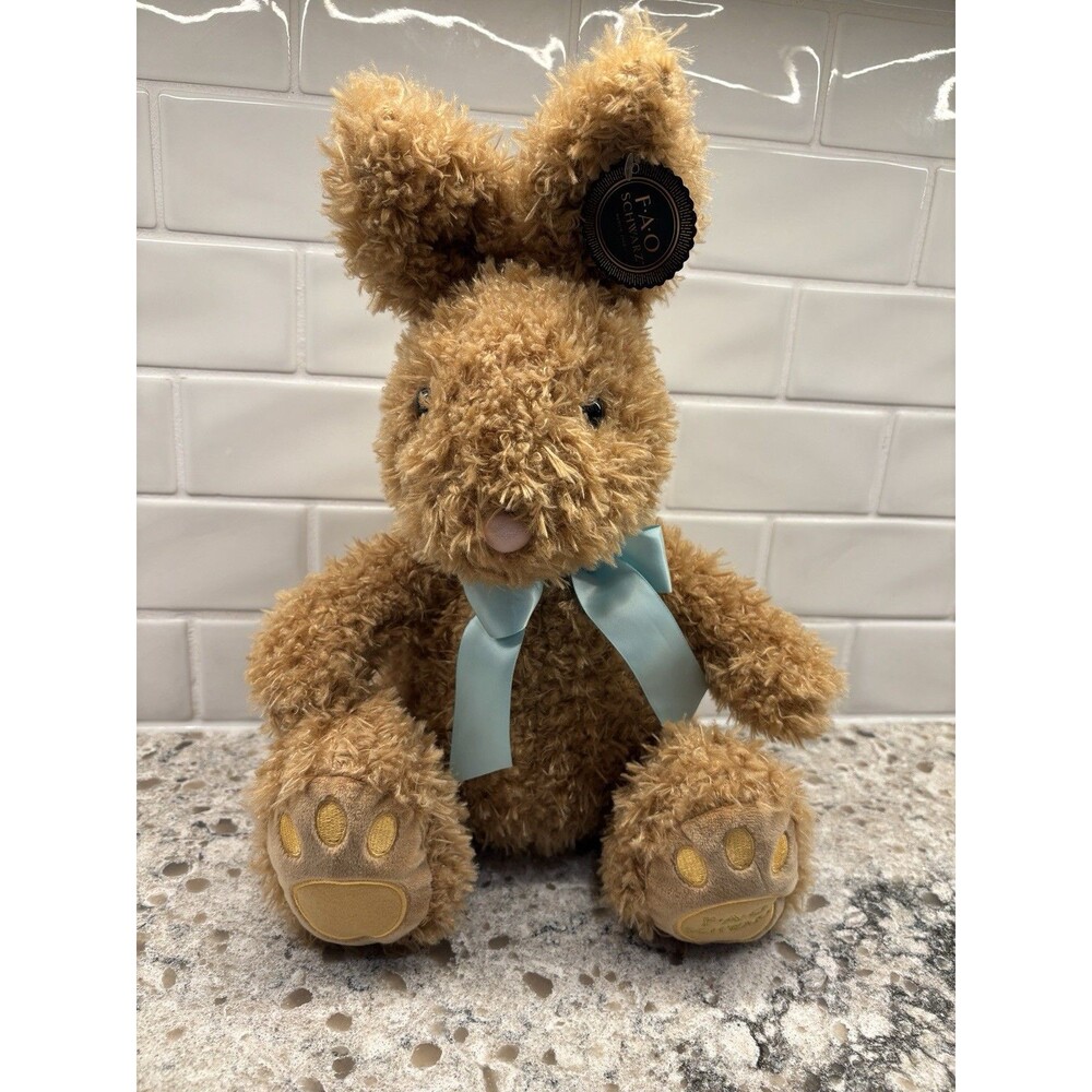Brown Larger Bunny Plush With Blue Ribbon FAO‎ Swartz NWT